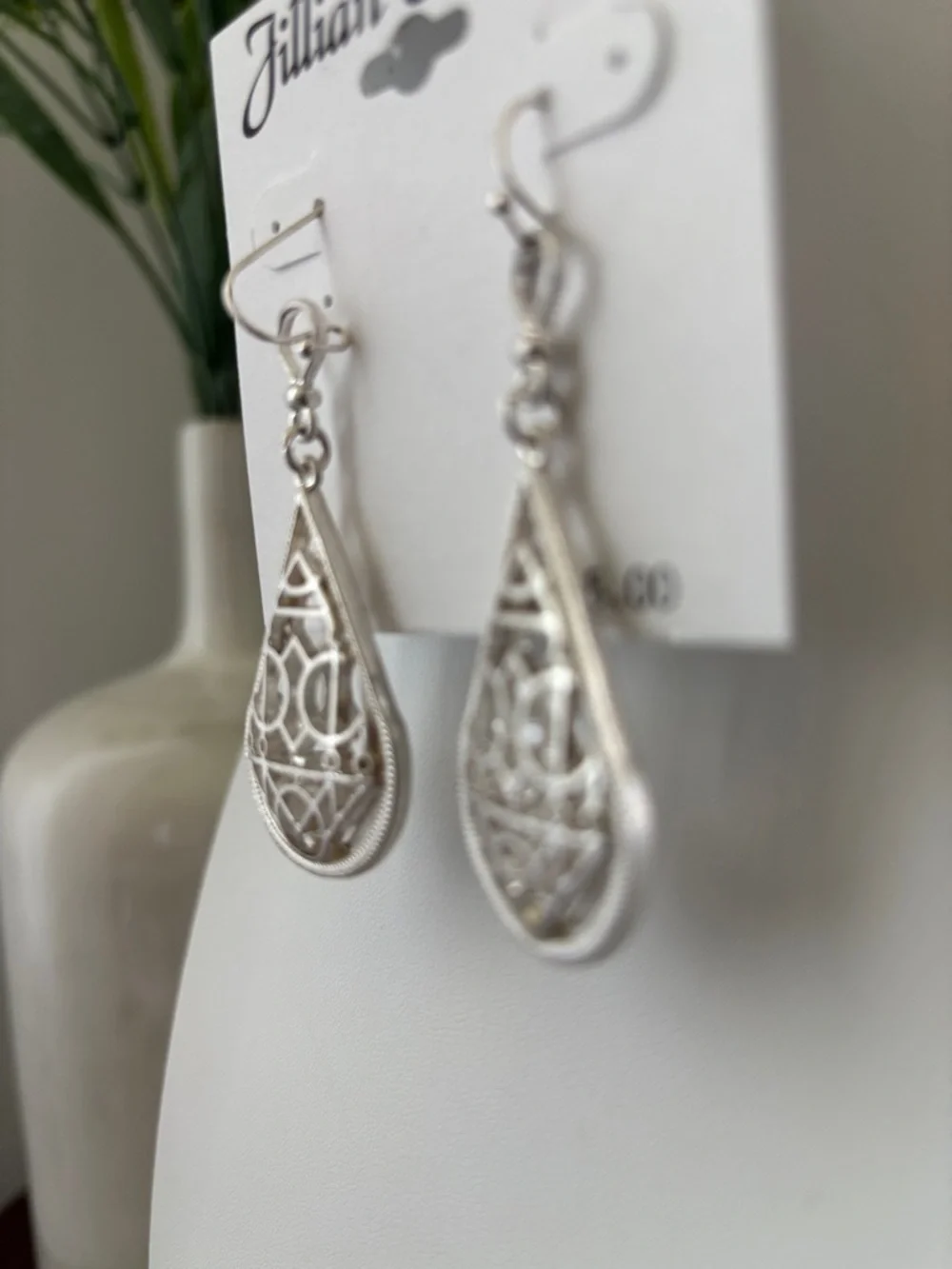 Jillian Michel Filagree cutout silvertone teardrop dangle,fishhook